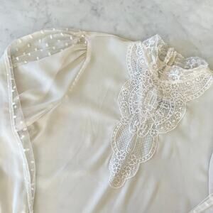 Vintage 80s Cream Sheer Lace Mock Neck Long Sleeve Blouse / M L